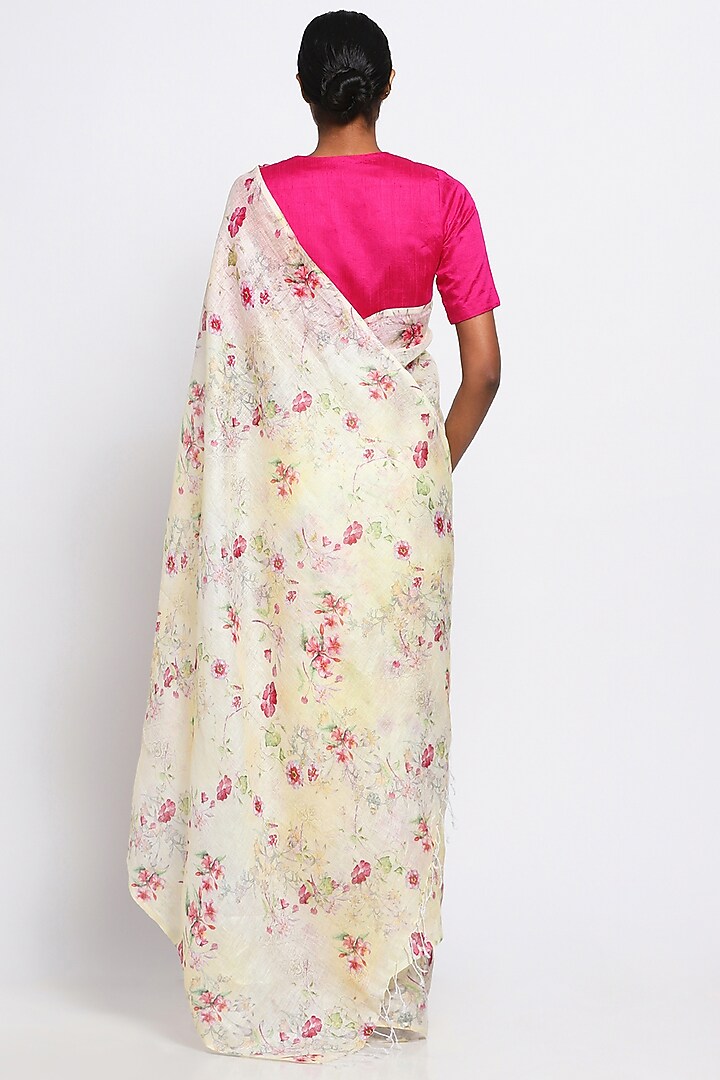 Cream Pure Linen Floral Printed Festive Saree by Via East at Pernia's Pop Up Shop