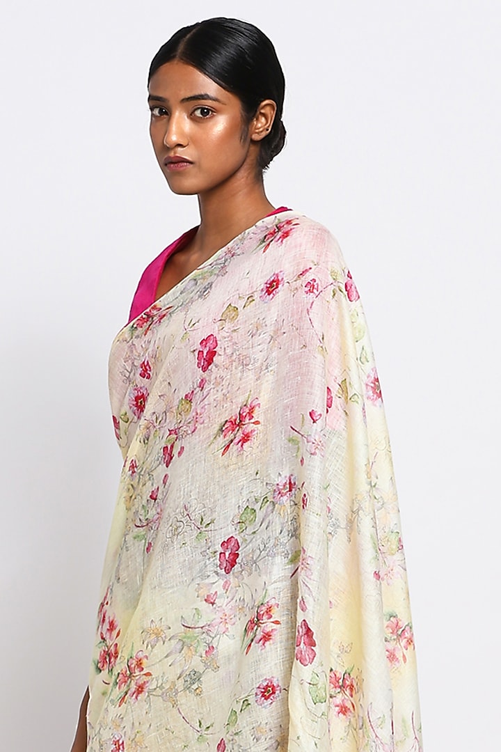 Cream Pure Linen Floral Printed Festive Saree by Via East at Pernia's Pop Up Shop