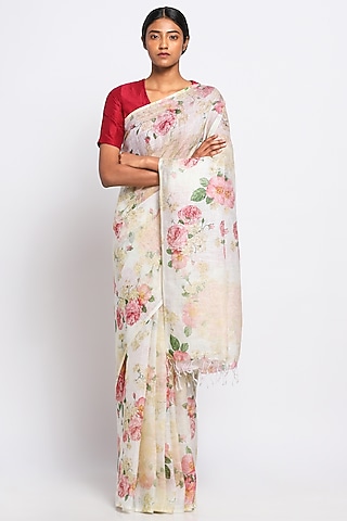 Cream Pure Linen Floral Printed Saree by Via East