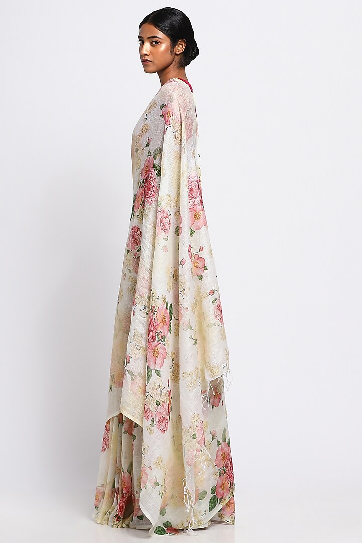 Cream Pure Linen Floral Printed Festive Saree by Via East at Pernia's Pop Up Shop