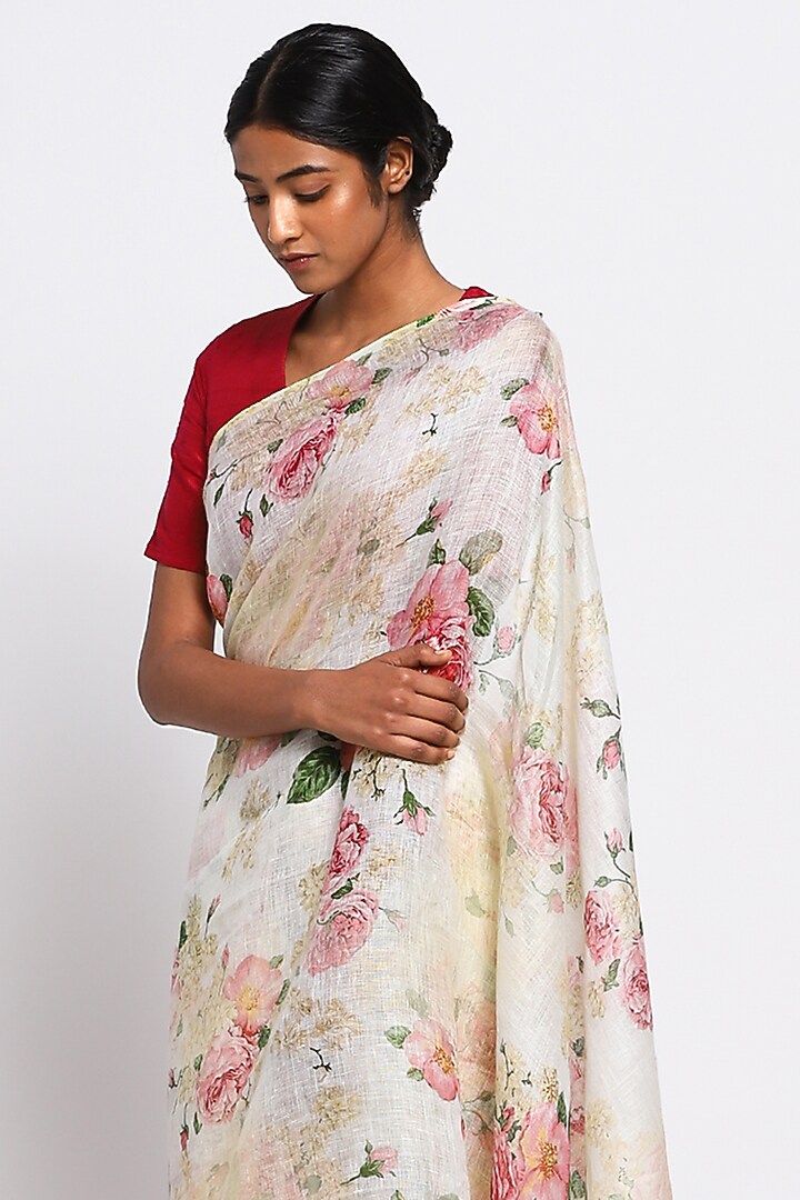 Cream Pure Linen Floral Printed Festive Saree by Via East at Pernia's Pop Up Shop