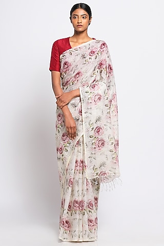 Cream Pure Linen Floral Printed Saree by Via East