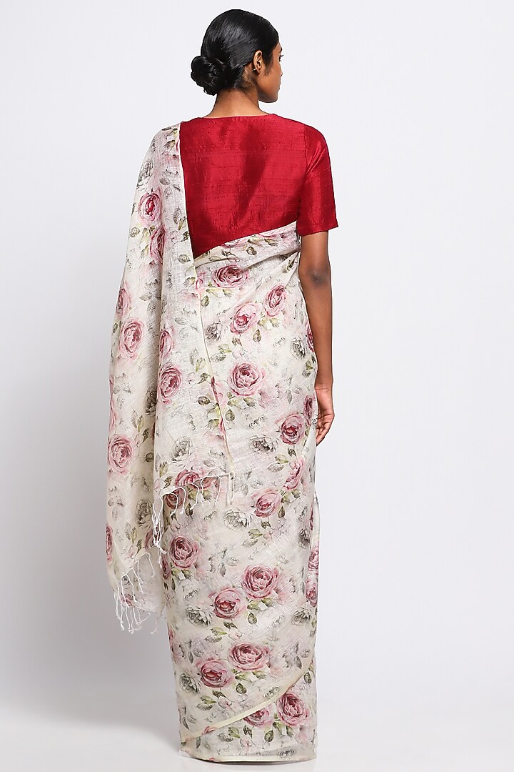 Cream Pure Linen Floral Printed Festive Saree by Via East at Pernia's Pop Up Shop