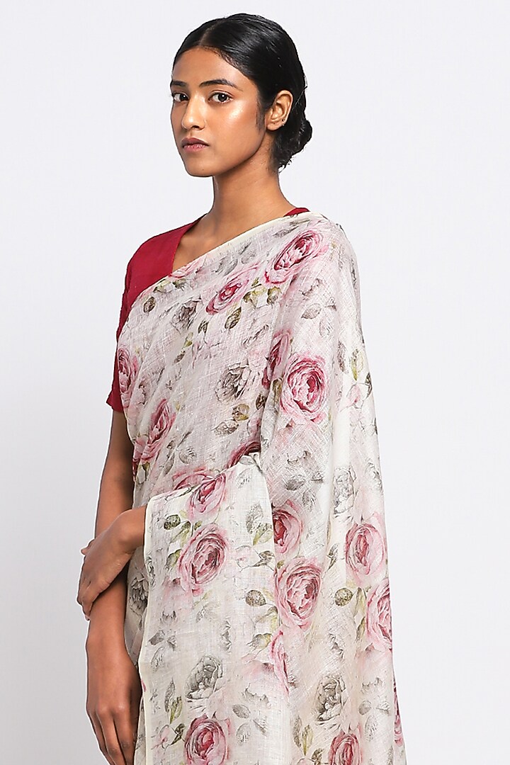 Cream Pure Linen Floral Printed Festive Saree by Via East at Pernia's Pop Up Shop