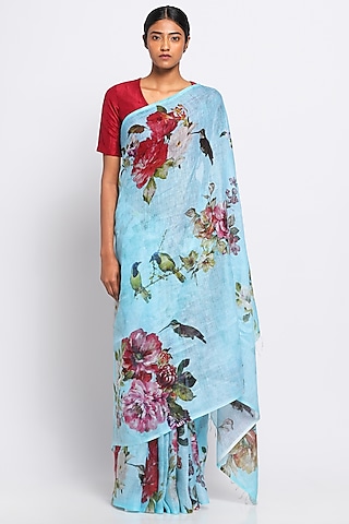 Blue Pure Linen Floral Printed Saree by Via East