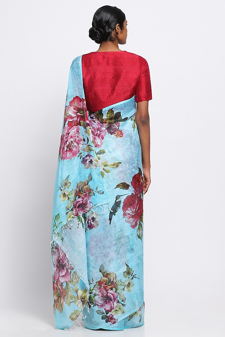 Blue Pure Linen Floral Printed Festive Saree by Via East at Pernia's Pop Up Shop