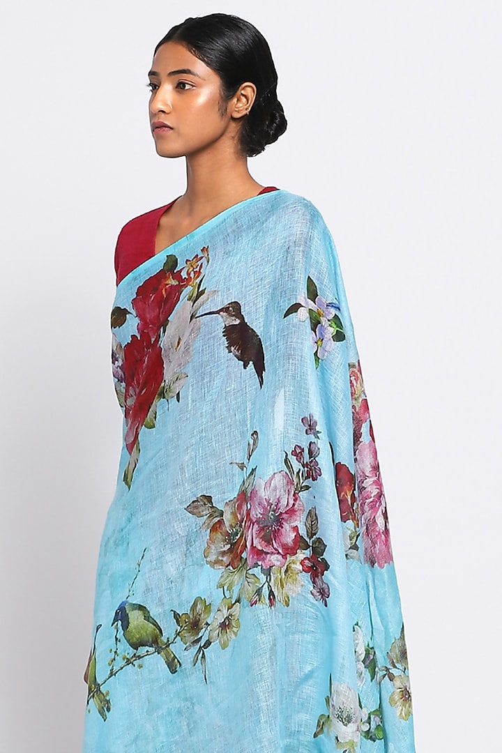 Blue Pure Linen Floral Printed Festive Saree by Via East at Pernia's Pop Up Shop