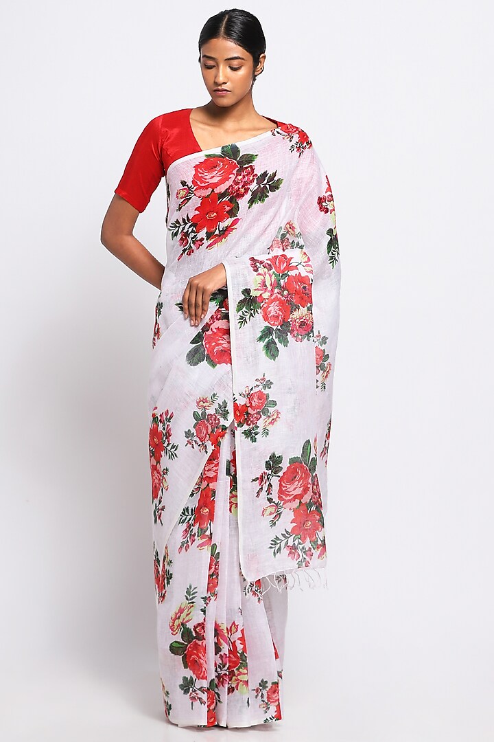 Cream Pure Linen Floral Printed Saree by Via East