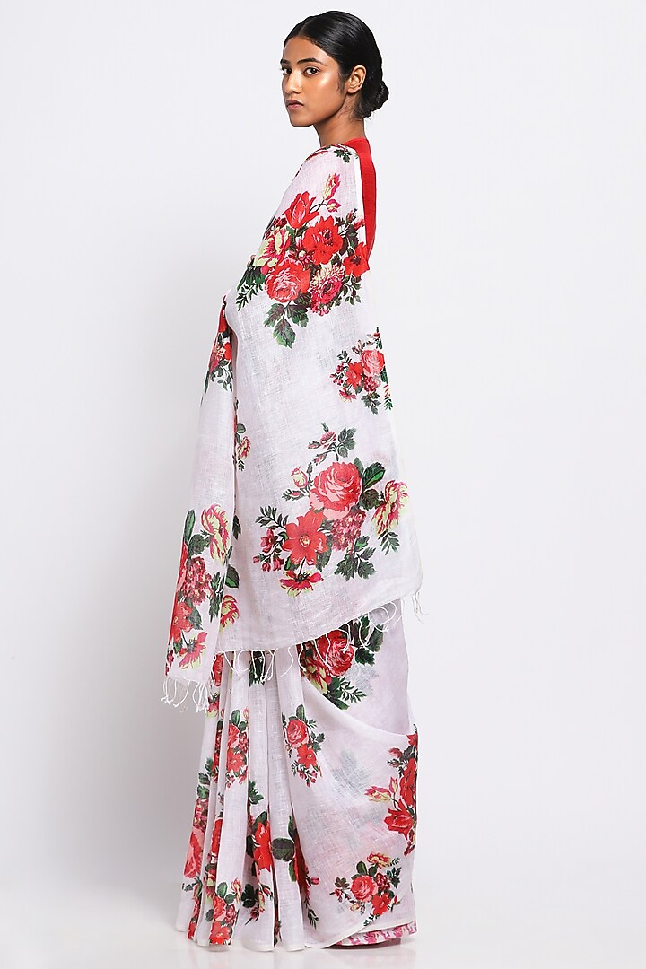 Cream Pure Linen Floral Printed Festive Saree by Via East at Pernia's Pop Up Shop