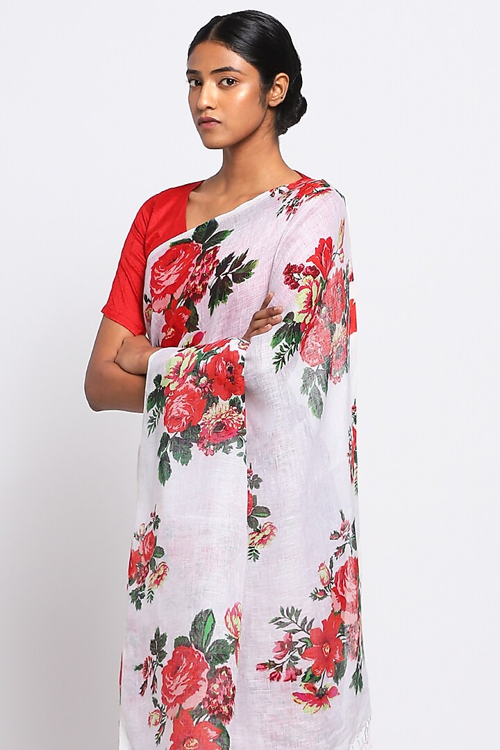 Cream Pure Linen Floral Printed Festive Saree by Via East at Pernia's Pop Up Shop