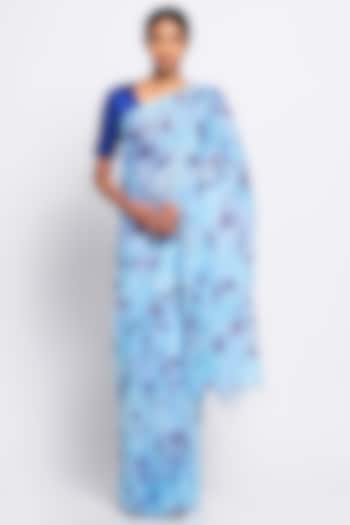Blue Pure Linen Floral Printed Saree by Via East