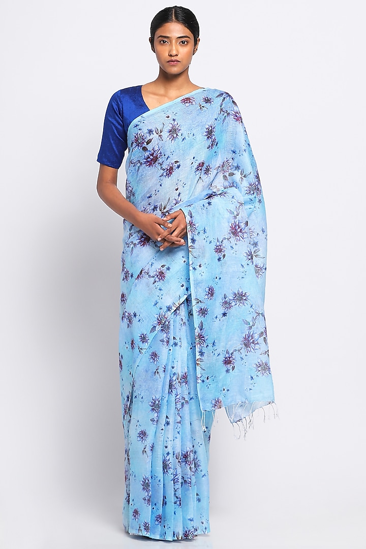 Blue Pure Linen Floral Printed Saree by Via East