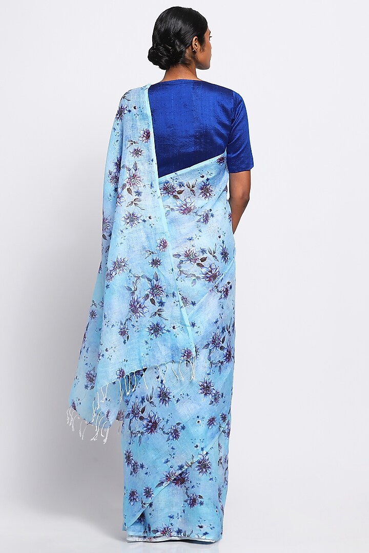 Blue Pure Linen Floral Printed Festive Saree by Via East at Pernia's Pop Up Shop