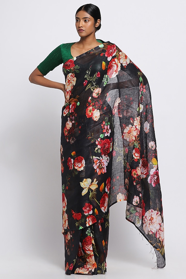 Black Pure Linen Floral Printed Saree by Via East
