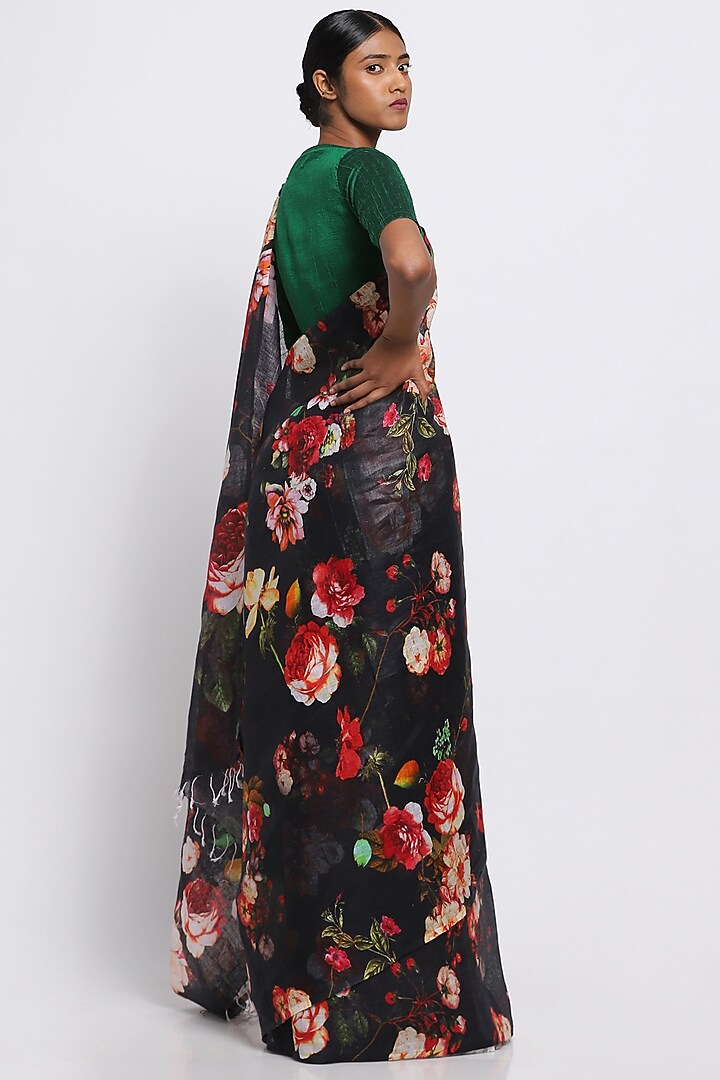Black Pure Linen Floral Printed Festive Saree by Via East at Pernia's Pop Up Shop
