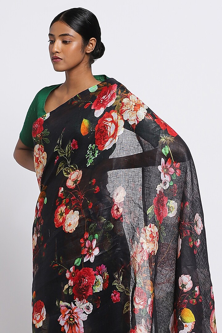 Black Pure Linen Floral Printed Festive Saree by Via East at Pernia's Pop Up Shop