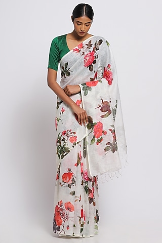 Cream Pure Linen Floral Printed Saree by Via East