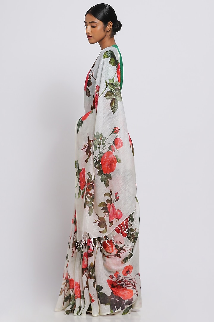 Cream Pure Linen Floral Printed Festive Saree by Via East at Pernia's Pop Up Shop