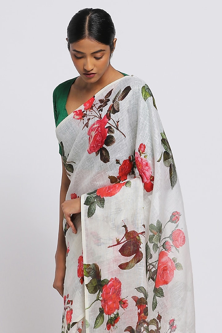 Cream Pure Linen Floral Printed Festive Saree by Via East at Pernia's Pop Up Shop
