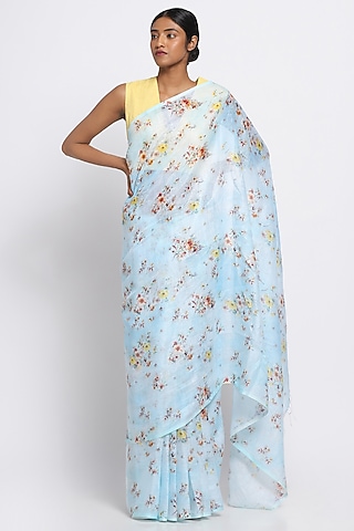 Blue Pure Linen Floral Printed Saree by Via East