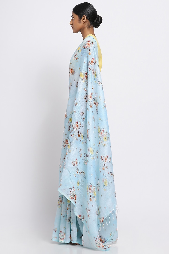 Blue Pure Linen Floral Printed Festive Saree by Via East at Pernia's Pop Up Shop