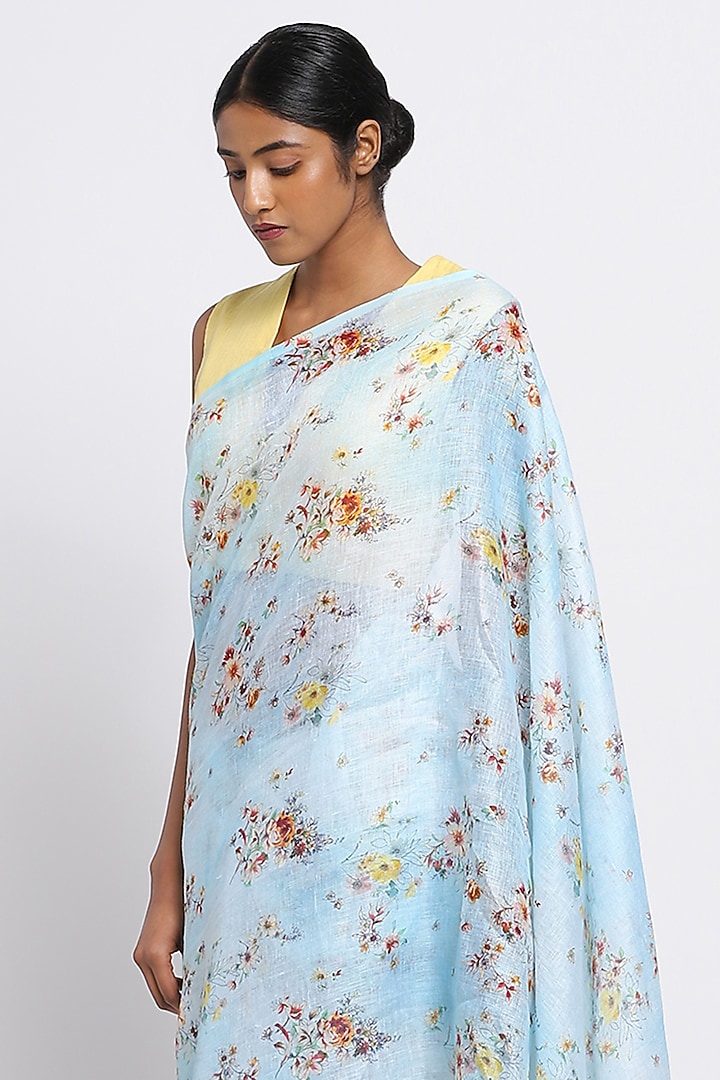 Blue Pure Linen Floral Printed Festive Saree by Via East at Pernia's Pop Up Shop
