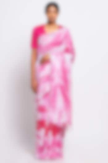 Pink & White Pure Linen Tie-Dye Saree by Via East