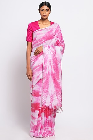 Pink & White Pure Linen Tie-Dye Saree by Via East