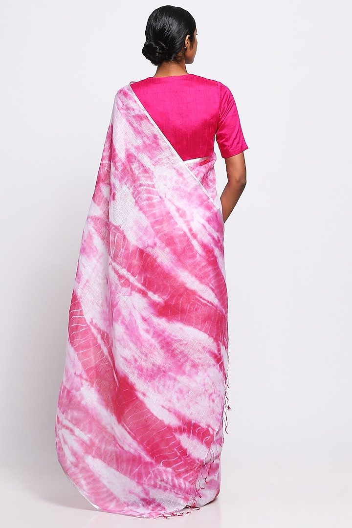 Pink & White Pure Linen Tie-Dye Festive Saree by Via East at Pernia's Pop Up Shop