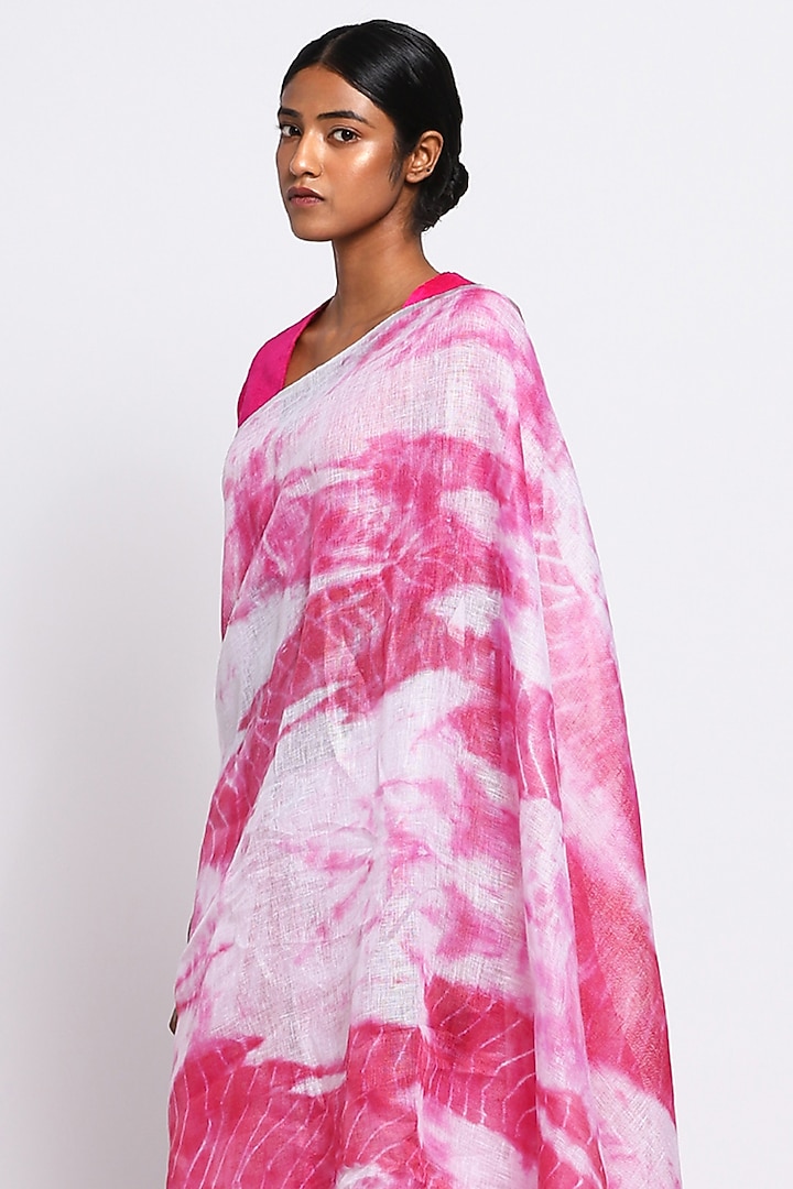 Pink & White Pure Linen Tie-Dye Festive Saree by Via East at Pernia's Pop Up Shop