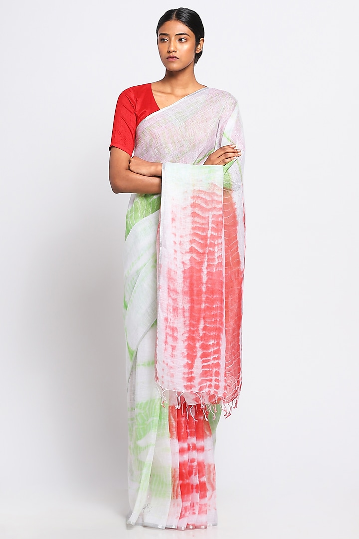 Pink & Green Pure Linen Tie-Dye Saree by Via East