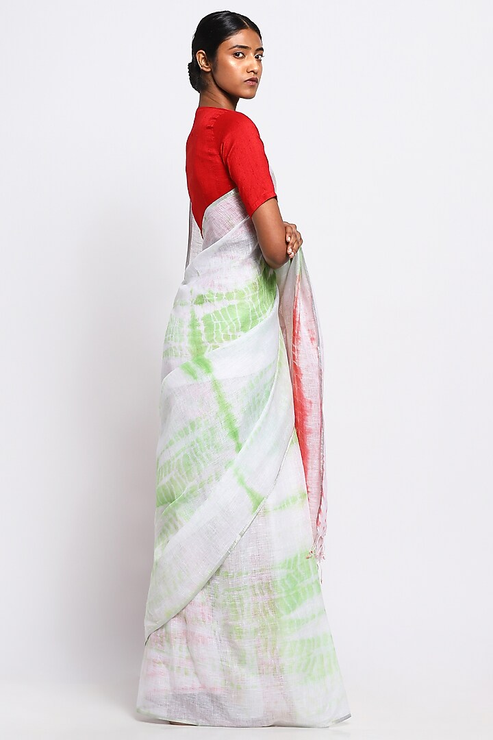 Pink & Green Pure Linen Tie-Dye Festive Saree by Via East at Pernia's Pop Up Shop
