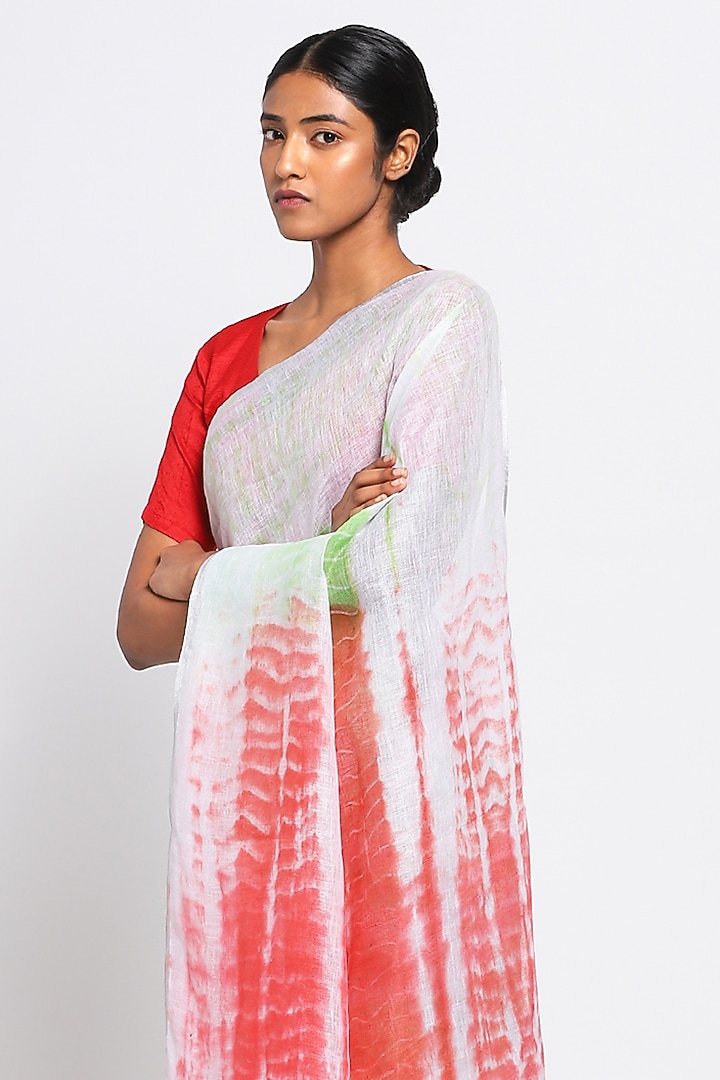 Pink & Green Pure Linen Tie-Dye Festive Saree by Via East at Pernia's Pop Up Shop