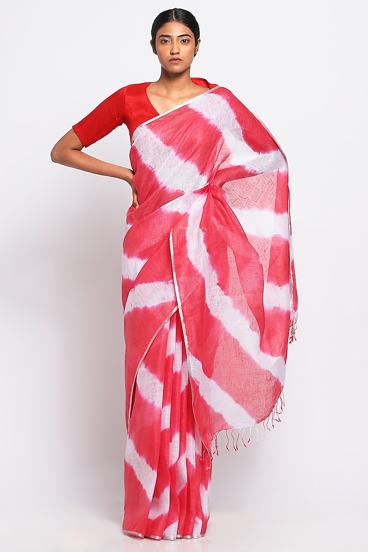 Red & White Pure Linen Tie-Dye Saree by Via East