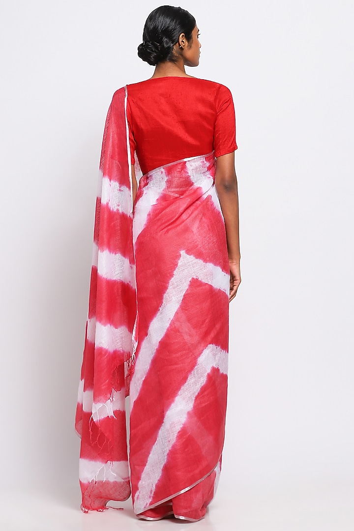 Red & White Pure Linen Tie-Dye Festive Saree by Via East at Pernia's Pop Up Shop