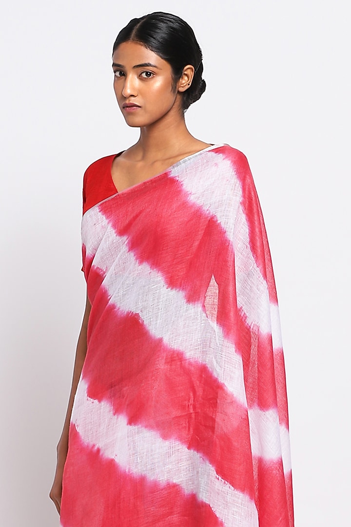 Red & White Pure Linen Tie-Dye Festive Saree by Via East at Pernia's Pop Up Shop