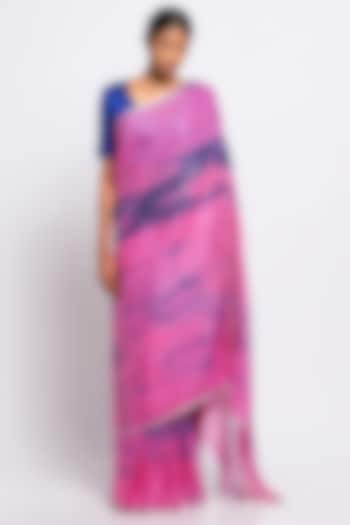 Pink & Navy Blue Pure Linen Tie-Dye Saree by Via East