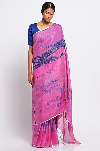 Pink & Navy Blue Pure Linen Tie-Dye Saree by Via East