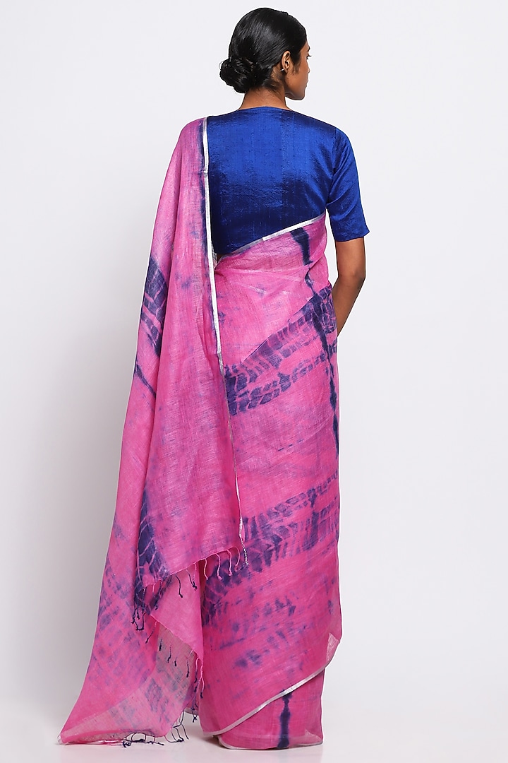 Pink & Navy Blue Pure Linen Tie-Dye Festive Saree by Via East at Pernia's Pop Up Shop