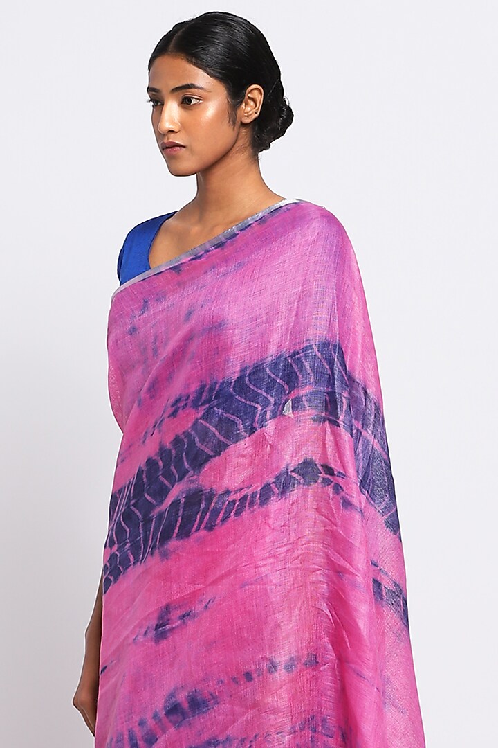 Pink & Navy Blue Pure Linen Tie-Dye Festive Saree by Via East at Pernia's Pop Up Shop