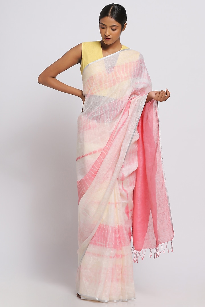 Pink & Yellow Pure Linen Tie-Dye Saree by Via East