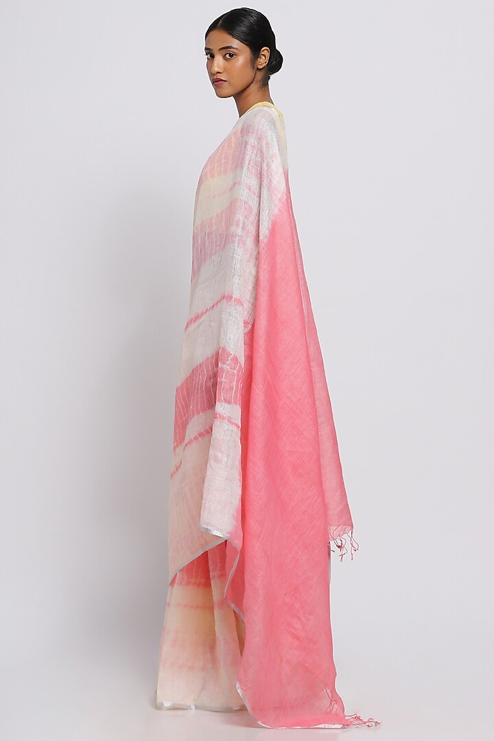 Pink & Yellow Pure Linen Tie-Dye Festive Saree by Via East at Pernia's Pop Up Shop