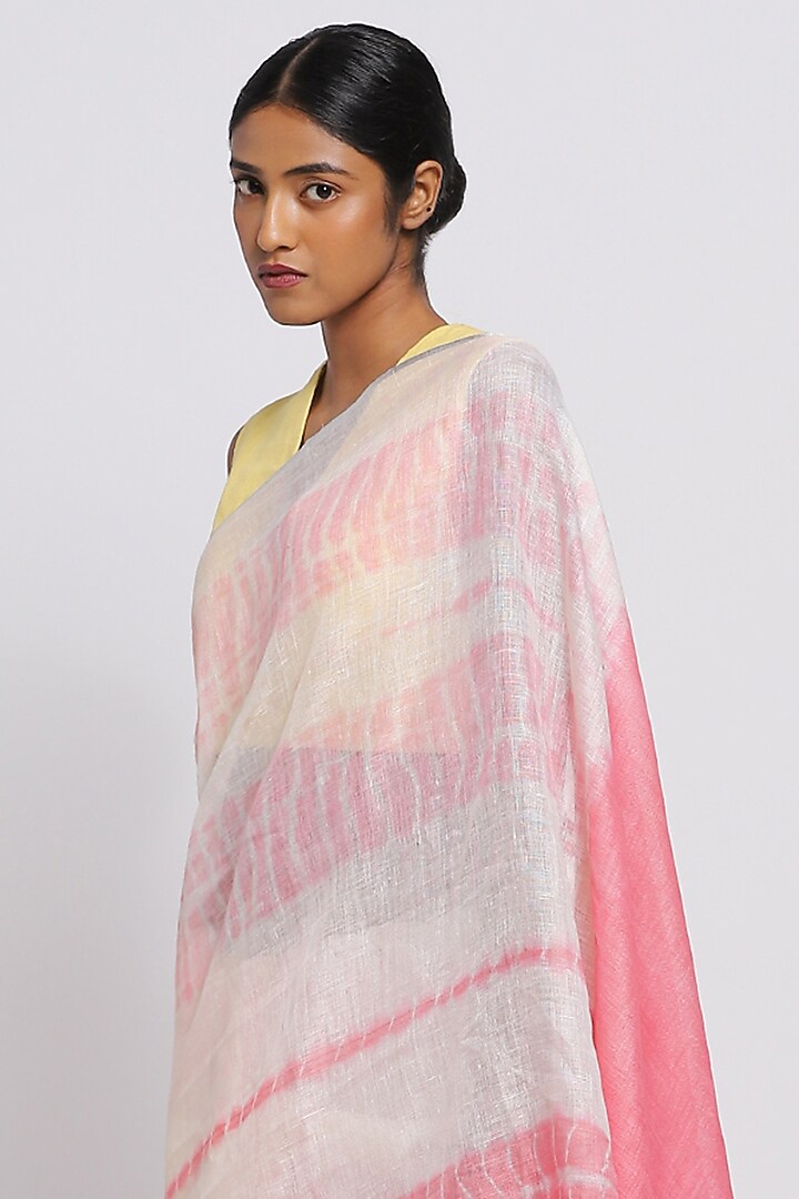 Pink & Yellow Pure Linen Tie-Dye Festive Saree by Via East at Pernia's Pop Up Shop