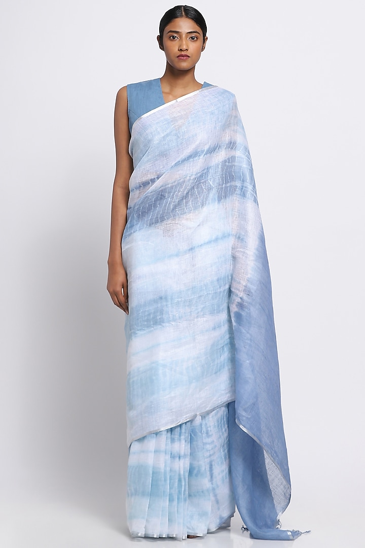Blue & White Pure Linen Tie-Dye Saree by Via East