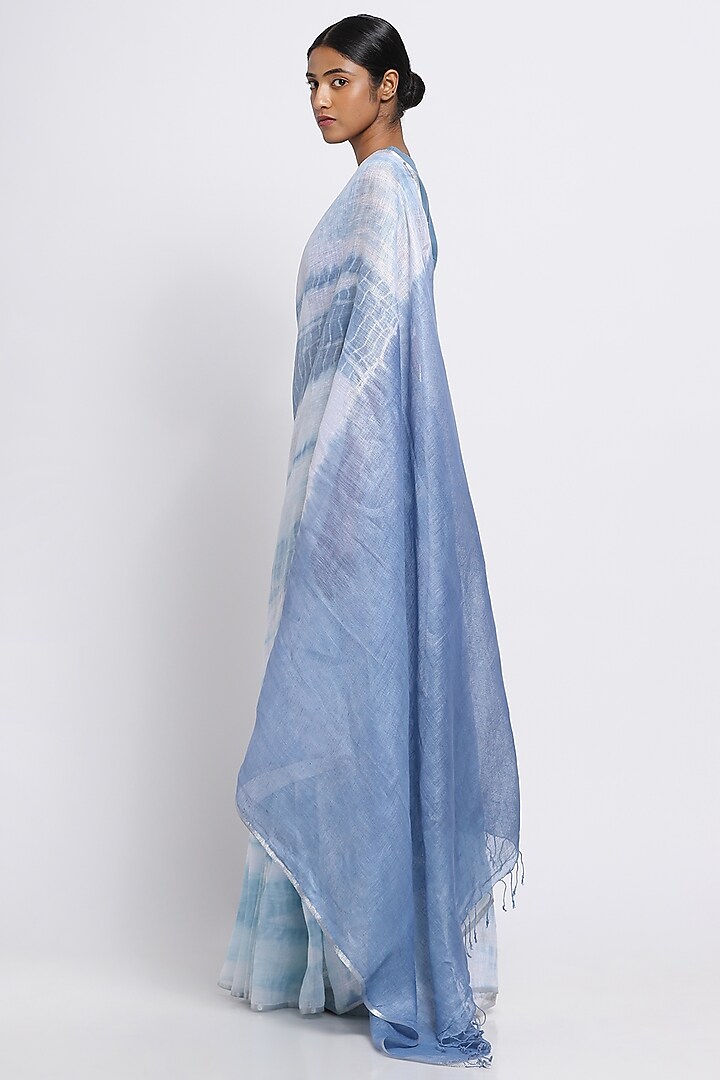 Blue & White Pure Linen Tie-Dye Festive Saree by Via East at Pernia's Pop Up Shop