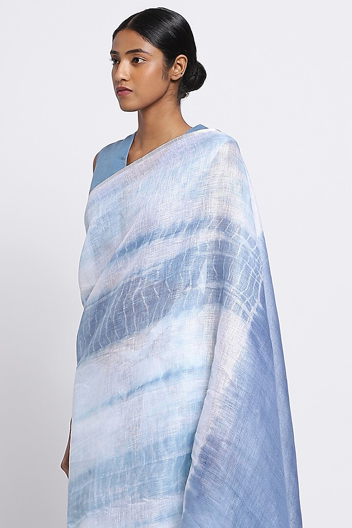 Blue & White Pure Linen Tie-Dye Festive Saree by Via East at Pernia's Pop Up Shop