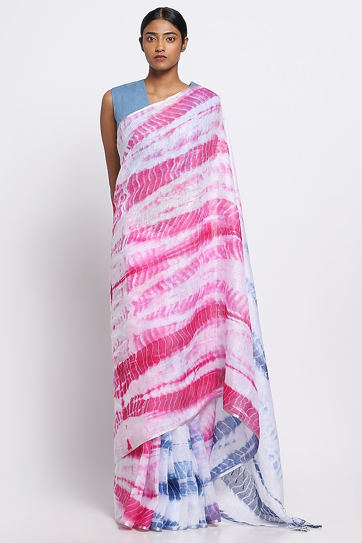 Pink & Blue Pure Linen Tie-Dye Saree by Via East