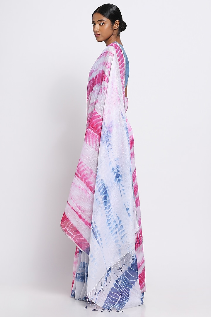 Pink & Blue Pure Linen Tie-Dye Festive Saree by Via East at Pernia's Pop Up Shop
