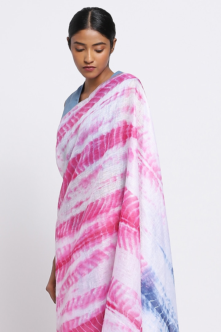 Pink & Blue Pure Linen Tie-Dye Festive Saree by Via East at Pernia's Pop Up Shop