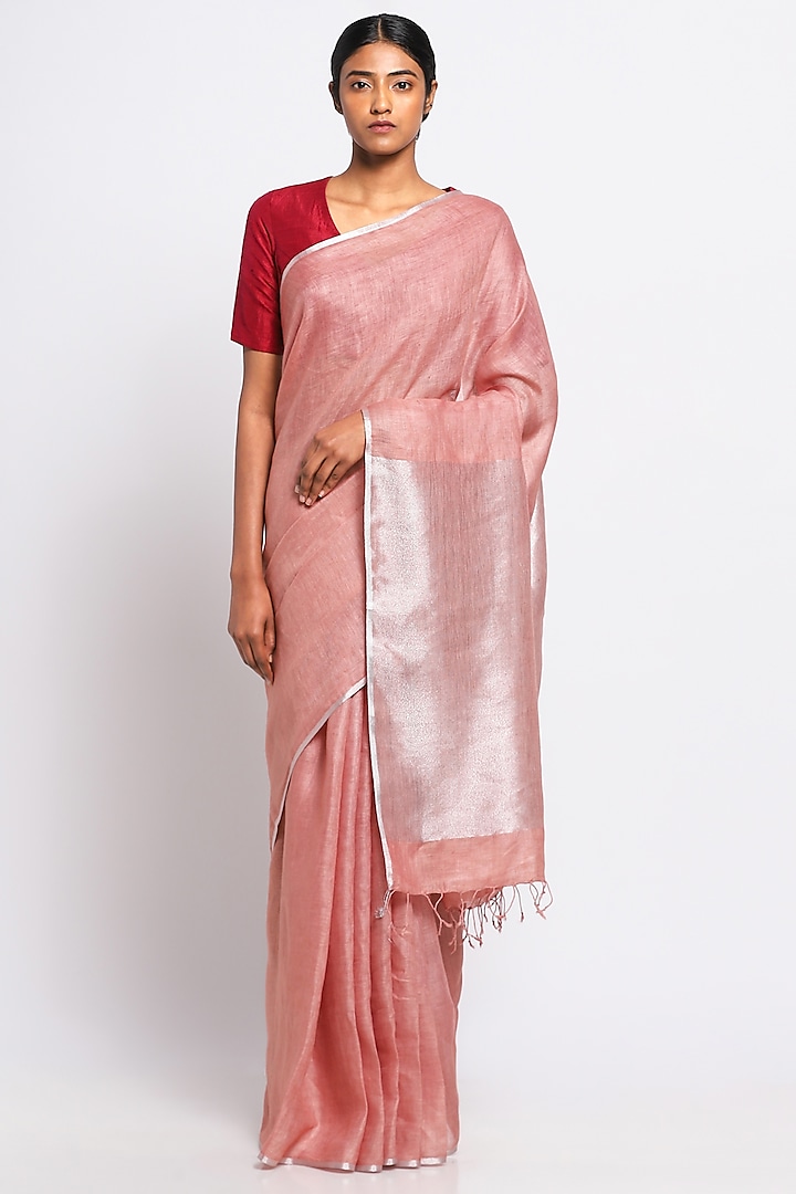 Pink Pure Linen Saree by Via East
